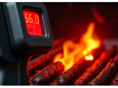 An infrared temperature gun pointing at a hot grill grate, showing a high temperature reading on its screen.